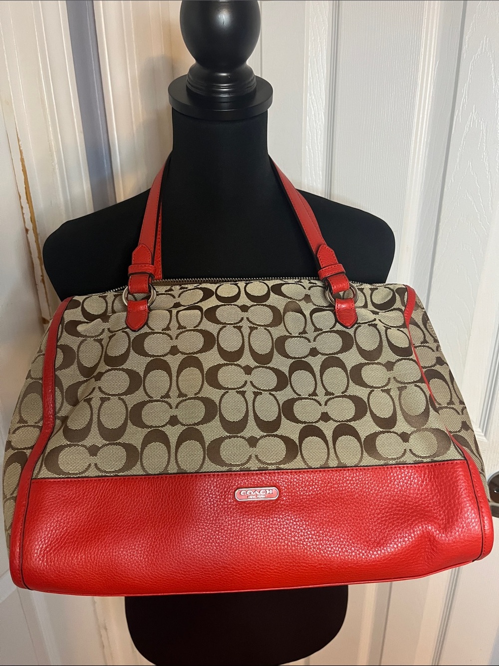 Coach Brown Signature Canvas Tote with Orange Leather Trim